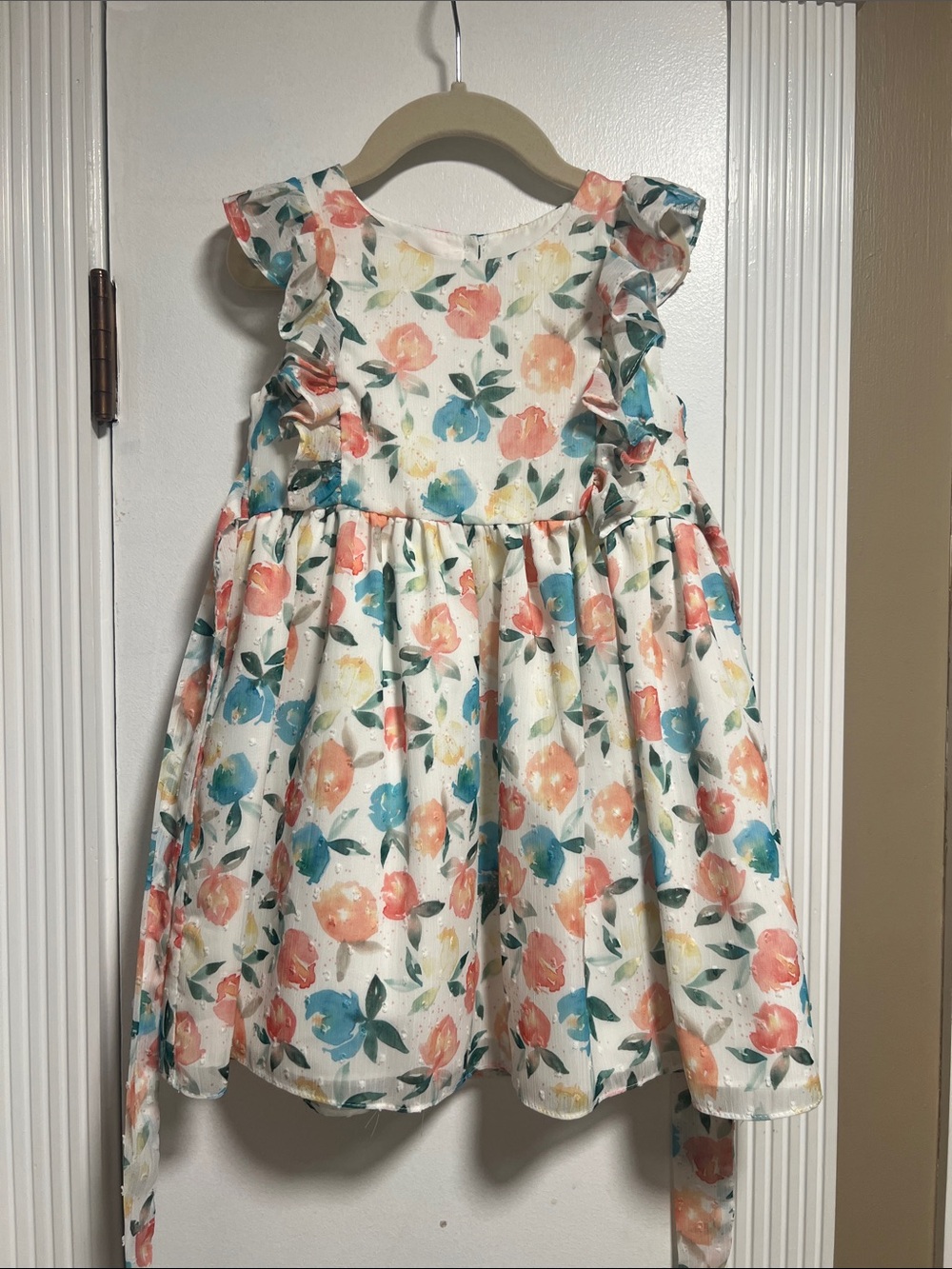 Girls Floral Ruffle Sleeve Dress - White with Coral & Teal Flowers